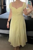 This one was a letdown for me. I was looking for a dress for a pastel-themed bday brunch and took a chance on this despite it not having reviews yet. I ordered a S expecting it to be slightly tight on the waist given the size chart (didn't want to risk the bust being too baggy with a M). Turns out, the entire waist and torso are loose and almost droopy looking on me. Maybe it's because I have a short torso? I dunno. Was tempted for a sec to exchange it for an XS but ultimately decided to just return it, because 1) I'm worried XS may be too small - it looks quite fitted on the model and she is much tinier than me) and 2) I'm not a big fan of the fabric (didn't know what rayon was when I ordered and now I know, and it's not for me haha) and 3) The sleeves fall down really easily. Super bummed I used a juicy $10 coupon on something that's going back! - Jen H.