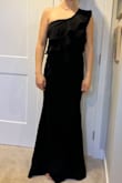 I purchased this for my MOH dress I love it, I find it to be a bit more form fitting than I expected (more of a bodycon fit in the tummy area) 
It is quite long. I am 5'10 and it's even a bit long for me. The fabric seems a bit out of place under the ruffle it kind of looks like it is folded under. Overall a beautiful dress but I'm unsure if I will keep or return to try something different for my body/style - Amanda