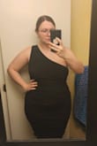 This dress is a nice comfortable, stretchy material. The ruching of the dress does help to hide the tummy area which is a plus. I am not a huge fan of the short slip underneath, I am worried it would slide up while dancing and cause the bottom of the dress to be see-through. Ultimately for me, I had to return this dress and go with another dress that hides an area I am self-conscious about (my upper arms). - Rebecca R.