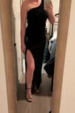 This dress is super flattering. I still have to wear a bra because my boobs are not as "up" as they were before breastfeeding but it fits great with a strapless bra for me. Slit adds a little sexiness but still looks classy. Thick and stretchy material! - Kristen W.