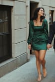 I used this dress for my engagement photos! The dress doesn't have much give, but the material is lush and I adore the color! It's also not too short and fits my height just fine! - Sabrina B.