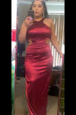 It says magenta but unless you're in direct sunlight, it looks burgundy in every other picture. I was able to dance and move around easily and it didn't snag on anything all night. Super pretty and the cutouts on the side just make it that much cuter. I did have to get 6 inches hemmed off because I'm short but it was worth it! - Avianna E.