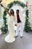 Purchased and wore this dress on my wedding day! Loved the lace, train, and price. Very affordable without breaking the bank. My only alteration was adding a beaded crystal belt that I sewed on myself to make the dress have a little ''bling'' but that was it. :) - Jentle R.