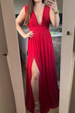 The dress is everything I hoped it would be! The weight of the fabric feels high quality and the dress is nicely made. It's exactly what I was hoping for! I got an XS (I'm 5'2'', 115 lbs, and a 32B). I'm definitely going to need to hem it several inches and take in the shoulders about 2'' or so for it to fit me perfectly. I'm pleasantly surprised with how it fits my smaller chest, I don't feel at risk of exposure, even with it behind unaltered. Those with a larger bust or longer chest/shoulder/torso won't have to take in the straps. It's super comfy, you can eat and drink all night without feeling uncomfortable or restricted. All in all, I highly recommend it! - Kira M.