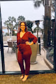 Ok this jumpsuit is beautiful on! I wore this to a fundraising banquet and got a LOT of compliments. But, the zipper kept sticking at the seams of the waist, and the material has NO stretch. The size guide recommended a large, and I should've sized up and gotten an XL, I was only comfortable as long as I was standing, and when I sat down to eat, the zipper split open. The more I tried to fix it, the worse it got, and then it just got stuck in the middle but was also split open; I had to have someone help me break it apart at the end of the night just so I could get it off and go to the restroom. Hopefully I can get the zipper fixed and maybe get it altered. - Gerri T.