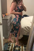 Fits true to size. Green is beautiful. Have to play around with the way you tie it to get the boob area to fit just right the slit comes up past mid-thigh. Super comfortable easy to dance in. - Veronica G.