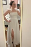 I love this dress! The quality is amazing, it is almost heavy when you pick it up but feels very lightweight on. The slit makes it very cooling, perfect for spring/summer. This is my rehearsal dinner dress and I plan to dye it afterward so I can wear it again! Only thing is it is super long, but worth it to get hemmed in my opinion. Even with high heels/on my tip toes it is too long for me. - Rachel S.