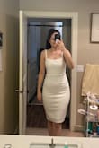 I had a hard time finding a dress because I'm a small on top, a medium at the bottom, and tall. This dress ended up being the best. I like the thick material. Butt area gets squished a bit, but I like that it's long and double lined. You can wear a nude bra under it too. - Katie W.