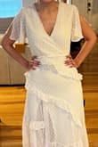 So pretty, but the top needs a pin, the material is thin and kind of see-through and the slit isn't appropriate for most events I have in mind so I'd have to sew it closed a bit. Haven't decided if I will keep it for those reasons. Prob a return just because it's a little more risqué than I want for church or an average dinner outing. However, the dress is truly beautiful especially if you are thin. The ruffles may add weight if you are curvy. Perfect for an airy photoshoot or engagement. - Marline K.