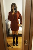 The material is not too heavy or too light and very good quality. The fit is comfortable, hugs all the right places, and makes you feel sexy. Definitely a win win. The shoulders are just drapey enough to make you feel feminine and sexy. Warm and cute to pair with some knee high boots as shown. - Jessica S.