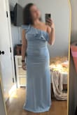 I ended up returning this because I bought two dresses and I kept the other one. This one was a gorgeous color, but it was a little too form-fitting around my stomach and I'm still working on that insecurity. It is also long (wearing 2" heels in the picture), but if you wear high enough heels you probably wouldn't need to hem. - Lia R.