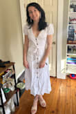 The elastic on the sleeves is a little tight on me (definitely not the loose fit on the model). Overall cute and timeless look, but didn't think it flattered me particularly. Maybe hoping for a fuller skirt? - Giuliana S.