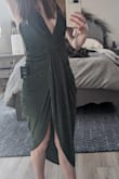 Such a flattering, sexy dress. Originally got this for an afternoon cocktail wedding, but I think I'll save it for a late night out instead. I'm a C cup and wearing pasties in the pics, if you're more well-endowed you'll probably need tape. The inner lining is just a hair shorter than I'd prefer so I plan to wear something under. The fabric is very drapey and will travel well. - Makenna J.