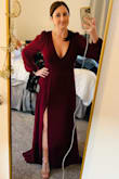 Dress is great quality and lined with the second see-through layer. Beautiful color. I am short so I did have it hemmed after I took this picture. Sleeves were the perfect length. - Tara H.