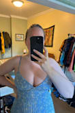 I sooo wanted to keep this dress, but the chest was just way too revealing for a family wedding. I bought a large and it fit great everywhere except in the bust. I don't think sizing up would have fixed the issue as it was more about the cut of the bust rather than the fit. It's definitely more of a demi cup so there wasn't much coverage. The photo doesn't totally show how much spillage there was. Danger for popping out was very high! Otherwise, the fabric is a really pretty color - I was worried it would be too pale for a wedding guest outfit but it definitely isn't. There is some sparkle to the pattern that I wasn't anticipating but it wasn't overwhelming. I wish I could've kept it but it just wasn't working for the girls! - Cathy L.