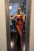 I bought this dress on a whim because I was looking for a dress to wear for a wedding in Atlanta, and once I put it on, I fell in love! It's extremely beautiful, elegant, classy and fits well. Excited to wear it to the wedding but didn't [wear it] up the neck because I like it as a one shoulder, since I do have a necklace to wear (also the picture is a try on, so the dress is a little wrinkled) - Priyanka S.