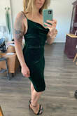 Could not be happier with this dress. Fabric is comfy and has a lot of stretch. Complements curves in all the right ways. Was worried about the straps, as it was not adjustable and gapping at the front [is] given [with] small chests - but no issue! Also, very happy with the length, very classy. - Brooke R.