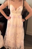 This dress is absolutely beautiful. The details remind me of cherry blossoms. It combines my two favorite colors while still being bridal. I plan to wear this for my rehearsal dinner. Strapless sticky bra probably works best with this style. It's a tiny bit poofy looking depending on the angle, but overall it's so beautiful and will look great in pictures I'm sure. - Amanda S.
