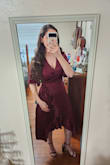 I just barely fit the small; if your bra waist is 36, then I suggest sizing up if you like breathing room. I didn't realize that it's a fake wrap dress, as in there's a zipper on the back which does not allow you to adjust the waist. I can deal with the fitted waist, so it's a keeper. Love the slip attached underneath, but I'm going to need to sew a hook on the boob area as it's pretty open (I have it safety pinned in the photo). - Maryan C.