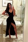 This dress was my favorite one that I purchased! It was so easy to put on since there are no zippers and it slipped right on. The style of this dress is so flattering and beautiful but the slit is a little high in the front so just be aware. Loved this dress so much! (It looks black in this pic because of the lighting but it is navy blue.) - Cristina A.