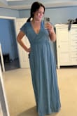 Beautiful and flattering dress! I took a risk and ordered on the smaller size. So glad I did! It's very forgiving with lots of beautiful flow! - Jennifer G.
