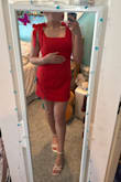 Super cute dress. The material is thinner and stretchier than I assumed it would be, so sizing up may be best if you don't want bra lines to show. - Shelby S.