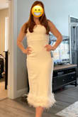 I love how fun yet classy this dress is! I am shorter and liked the midi length on me. With heels, it will be perfect for my bridal shower/rehearsal dinner. The chest section is a little wonky on me with too much material, but I think if I wear boob pads that can fix it! The feathers and slit in the back are so fun!! Runs true to size. I am usually a small in Lulus, and this is perfect. - Natalie S.