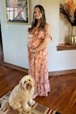 Wore this dress for my baby shower and received so many compliments! I'd been looking for something that wasn't technically maternity but still flattering for the bump and this was perfect! I ordered my usual pre-pregnancy size (small in lulus) so I could wear it again after. The band has plenty of stretch and it's very flowy so it's very forgiving. I didn't even realize when I ordered the dress that it does have small metallic accents that really add to the dress! Definitely reccomend for any expecting moms! - Miranda