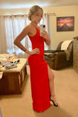 I wore this to a black tie event and got tons of compliments. I am in between a XS and S and went with the S for more breathing room. I am 5'2 and wore 4" heels but still had to get the dress hemmed. I also had them raise the slit about an inch to give it a more sexy vibe. Loved the dress! - Abby D.