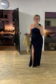 This was perfect for a 50th birthday red carpet themed event. It was beautiful and so comfortable.  I wanted flattering, but not so revealing that I had to be self conscious and constantly adjusting my dress all night. I didn't have time to go shopping. So I was so relieved that this dress I bought online checked all the boxes! It has a great slit for the leg, a good amount of stretch, and I loved how it looked when the light hit it. I highly recommend it! Also, I wore soft, slight  compression booty shorts and sticky boobs. This dress goes well with shoulder wraps, too. - Robin B.