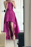It needs a professional press to look good but it is such good quality. The back train is gorgeous. The color is a bit darker/more purple in person. I went for xs - Paola B.