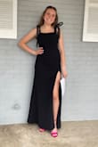 Wow! Wow! Wow! This dress is amazing! I opted for a size xs and was nervous I should have ordered a small since that is my usual size, but based on my sizing quiz it told me to order an xs! I'm so glad I did!! The material was thick, double lined so if I wanted to I didn't have to wear a bra ;) but the dress was still stretchy so u weren't worried about getting uncomfortable after eating!! The slit was super cute and at a perfect height. I have super long legs so it went to my mid thigh! For context, I wore it for an event wear I had to present a long speech and watch 8 others present. The event was about 3 hours and I ended up going out with some friends afterward for 2 hours. I never once got uncomfortable in the dress!! Absolutely adored this dress and got MANY compliments!! - Ava B.