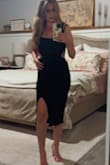 Gorgeous dress! And so stretchy and comfortable too. The material is thick and contours to the body. Felt secure and "held in" and the slit is in the perfect place. Tall girl friendly! - Cristina P.