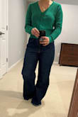 Green is my favorite color, and I love this sweater. 
This one is emerald green. (The one that I like the most).
I had size small and x-small, but I liked x-small better. I was planning to wear like the model in the picture, just a bra and a sweater, so I had to have an x-small one. 
The buttons are so cute, and it is going well with jeans. 
Highly recommend. - JEESUNG Y.