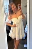 I got this dress for my college graduation and it is so amazing. It fits very true to size. I'm typically a medium and was debating between medium or large, but I'm so happy with my decision. The embroidery is so pretty on the dress and love that it can be on or off the shoulder. Delivery was also so much quicker than I expected! - Kelly S.