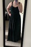 Material is your typical chiffon bridesmaid dress like material. Fits true to size. The zipper is quite difficult to pull up on the top half. Top / chest part might run a tad small but it still zips. Just seems to get stuck or caught in one area. Only alterations I will need is a hem. - Madalyn S.