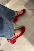 Wow wow wow these are such cute red Mary Jane's! The heel is pretty small, which makes them really easy to walk and also insanely comfortable. The only slightly negative thing about them is that both heels make a popping noise when I walk. - Amber Y.