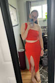 The material is nice. Fits true to size. I'm in between a small and medium right now and went for the medium so that I'd be comfortable. There's some wiggle room so I won't be uncomfortable if I eat a big meal in it :D - Heather B.