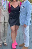 I love this dress! It is comfortable, flattering and hugs in all of the right places. I tried the Large as well - and it fit - but I wanted a little more length and didn't have to compromise on the fit by sizing up. The theme of the party was - "Cocktail dress and tennis shoes" and this went really well for that theme. - Jordan S.