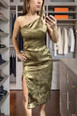 This dress in Olive is stunning and looks upscale, to say the least! The fabric has a subtle metallic shine to it, and the fit is very forgiving as it hides small imperfections such as bloating after eating an actual meal or if it's that time of the month! This dress is conservative, yet still highly sexy, as it hugs your curves and creates a jaw-dropping silhouette! It is petite-friendly and fits true to size. For reference, I am 5'2, 108lbs, 34D 24" waist. I feel like this dress can easily accommodate my small and large chested ladies, athletic builds or slender builds, and tall or short women! It's unarguably versatile in that sense, and I am just crossing my fingers that Lulus releases this dress in more colors and patterns ASAP because I want them all! - Alyssa T.