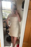 I love this dress! Fabric is super nice and thick, isn't see through which I love as I always struggle with that when purchasing white dresses. So not see through I got away going braless! It also has a decent amount of stretch so it will be very comfortable to wear/sit in all day. Love the length and I really appreciate the adjustable straps on the shoulders too! I usually wear a small or medium in dresses but I went with a medium here and it fit perfectly and has a little extra room too. Probably could have gotten away with a small but I don't mind the extra give in the dress! - Lauren M.