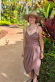 Looked great paired with a hat and brown sandals at a semi-formal wedding in Hawaii! Worst part? You have to iron it (on low). It does not travel well. - Coty N.