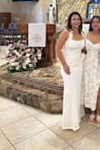 I ordered a size Medium. It fit perfect. Only had to get it hemmed. The material is not see through and has some stretch. I purchased this for my wedding. - Claudia G.