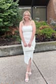 This dress is stunning! The pearls are securely fastened and doesn't look cheap at all! The ruching hides any tummy pooch. I probably could've done a medium but with the large I have room to wear shapewear underneath! It's lined so you don't have to wear a bra. It is not see through at all! It's so pretty! I can't wait to wear it for my rehearsal dinner! I also ended up wearing it for my reception dress with sneakers & it was so much fun to dance in! Very stretchy! I love this dress :) - Lauren O.