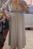 What sold me on this dress is the sleeves. I love the length and the fabric.  The front I need to sew a bit so it doesn't show too much cleavage.  Pretty, simple, lovely dress. - Ernestine D.