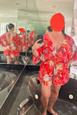 I got a size S even though the sizing recommended I get a M. I wanted something easy to wear over my bathing suit for an upcoming vacation. It fits exactly like I wanted! The stretchy waistband is perfect for comfort, the tie in the back is adjustable so you can make it fit more snug on top if you want, and it has pockets! I didn't wear my bathing suit under in the pic so you can see how it fits up top. It's pretty low-cut and has no closure at the bust, so after my vacation, I'm going to add a snap at the bust and tie it tighter at the back so I can wear it with a bra and dress it up. The material is lightweight, and I love the print! I did have to steam it really good before I tried it on. I absolutely love this piece and can't wait to wear it on my cruise! - Vanessa C.