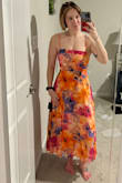 Ok, these colors are stunning. The back looks like a butterfly. It fits me perfectly. I was worried that it wouldn't based on other reviews saying it was tight up top. I have a small rib cage - 32 band for my bra. So if you're similar it will fit perfectly. I will wear my sticky bra for the wedding. The only downside is how long "midis" are on me. I'm very short-legged and long-torsoed. I chose a midi instead of a full-length dress so I wouldn't have to hem! It's also very forgiving in the midsection/hips. - Content H.