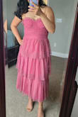 Generally a great fit for short term wear with little movement. Flattering. No stretch. Pretty detailing on tulle and ruffles. The straps are not my favorite feature on the dress. Although they are adjustable, they are thin and don't feel sturdy, like they could break off from the dress. When you adjust the straps, they easily loosen as the adjustable slides don't stay in place. I eventually had to pair the dress with a cardigan after wearing the dress all day because the straps would keep falling and the bodice kept shifting slightly exposing the top of my strapless bra cups. I wore this as I hosted a shower and got many compliments but then started feeling very self-conscious about it shifting out of pace as the day went on. If I could figure out a way to keep the straps in place, this would be a perfect dress. - Shanti A.