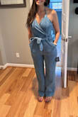 Soft, flattering denim that hugs in all the right places. I'm a small on top and medium on bottom and the medium fit like a glove so I'd suggest sizing up if you're between sizes. I love that it has a belt to outline your waist and pockets in the back. Now this is probably a unique issue to me but I can tell someone tried this on and stretched out the top so I will try to swap mine with a new one. Don't think twice - buy it! Will never go out of style! - Marline K.