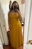 This dress runs a little small in the waist however I wouldn't exchange it for a bigger size due to the flaring in the bust, for reference, I'm 153 lbs and wear a 32B. I think this dress can work for bigger busts using double-sided tape. It is very long even with heels, however, I wouldn't change a thing. - Ana C.